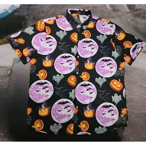 Halloween Shirt Mens XL Button‎ Up Jack O Lanterns All Over Print SSLR